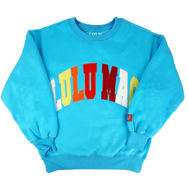 Lulu Mac Multi Color Applique Crewneck Sweatshirt in Light Blue