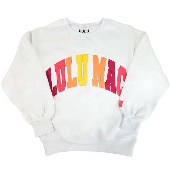 Lulu Mac Multi Color Applique Crewneck Sweatshirt in White