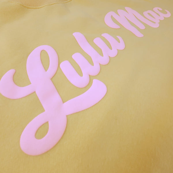 Lulu Mac Script Mockneck Sweatshirt in Butter Yellow and Pink