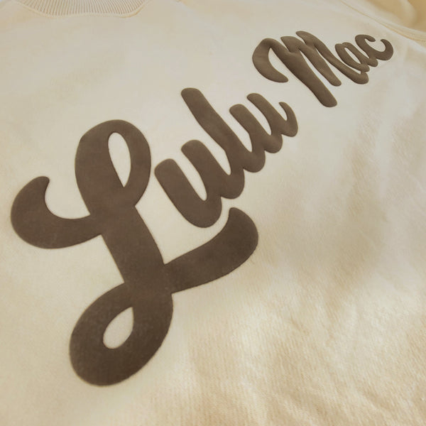 Lulu Mac Script Mockneck Sweatshirt in Cream and Brown