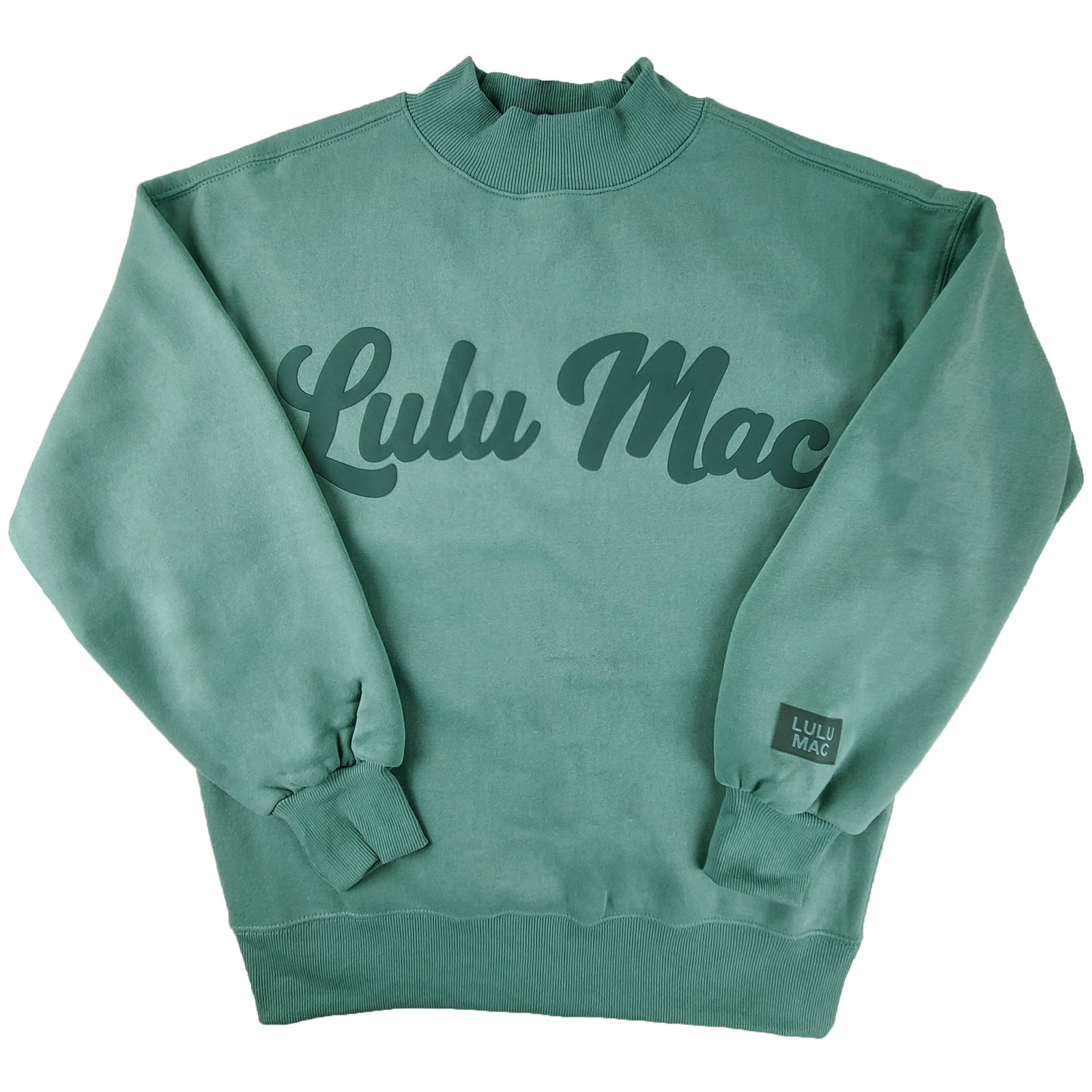 Lulu Mac Script Mockneck Sweatshirt in Dark Green and Light Green