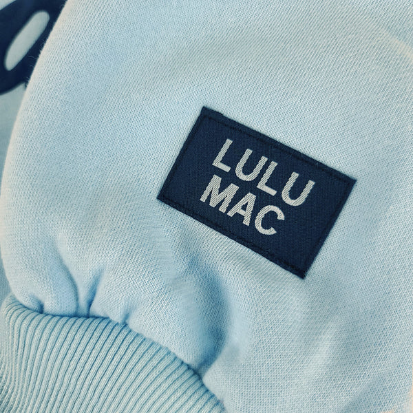 Lulu Mac Script Mockneck Sweatshirt in Light Blue and Navy