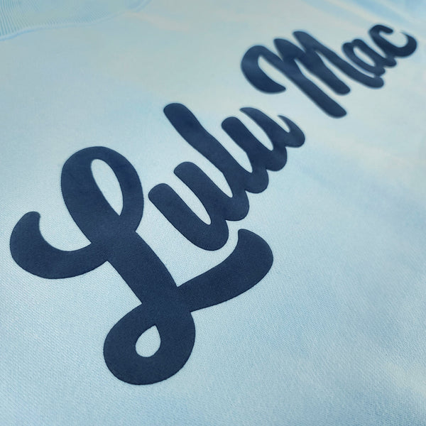 Lulu Mac Script Mockneck Sweatshirt in Light Blue and Navy