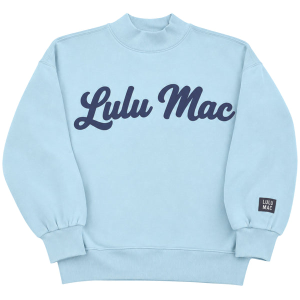 Lulu Mac Script Mockneck Sweatshirt in Light Blue and Navy