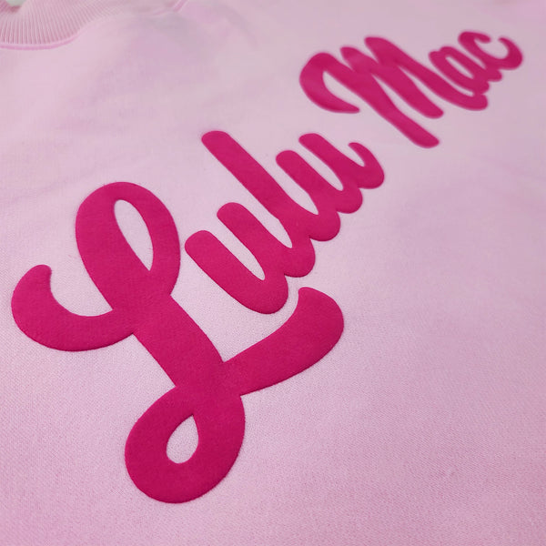 Lulu Mac Script Mockneck Sweatshirt in Light Pink and Hot Pink