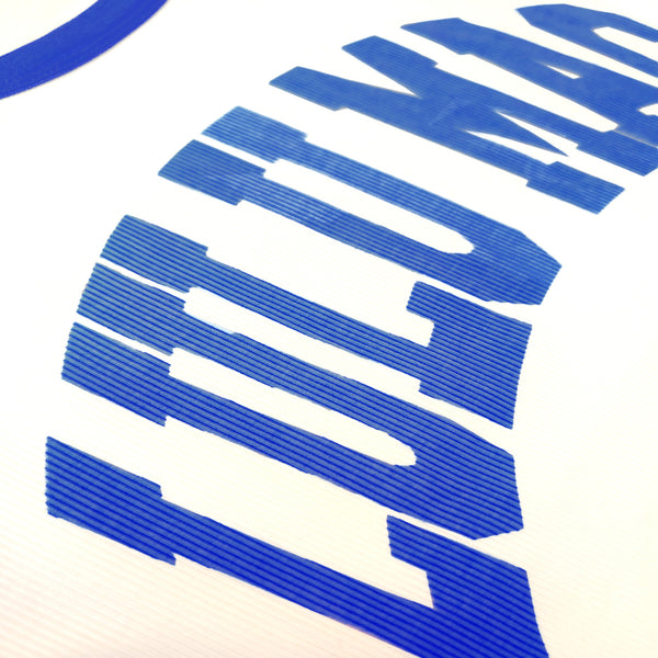 Close-up of a blue logo with text on a white background