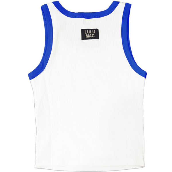 White tank top with blue trim and Lulu Mac label on a white background