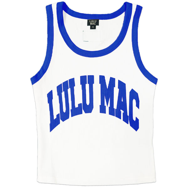 White tank top with blue trim and 'LULU MAC' text on a white background
