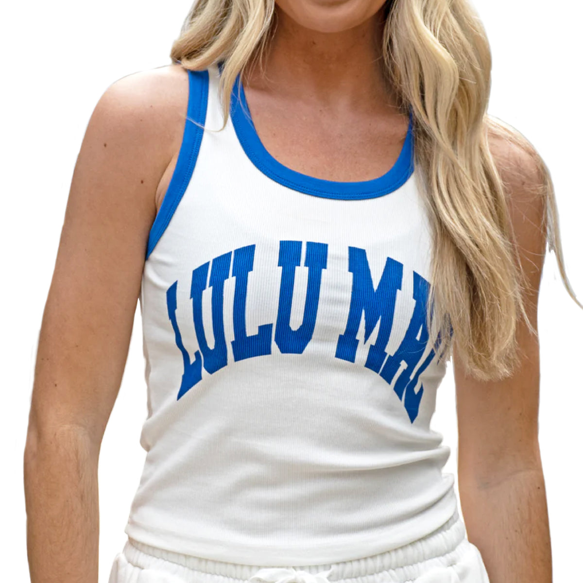 White tank top with blue trim and 'LULU MAC' text on a white background