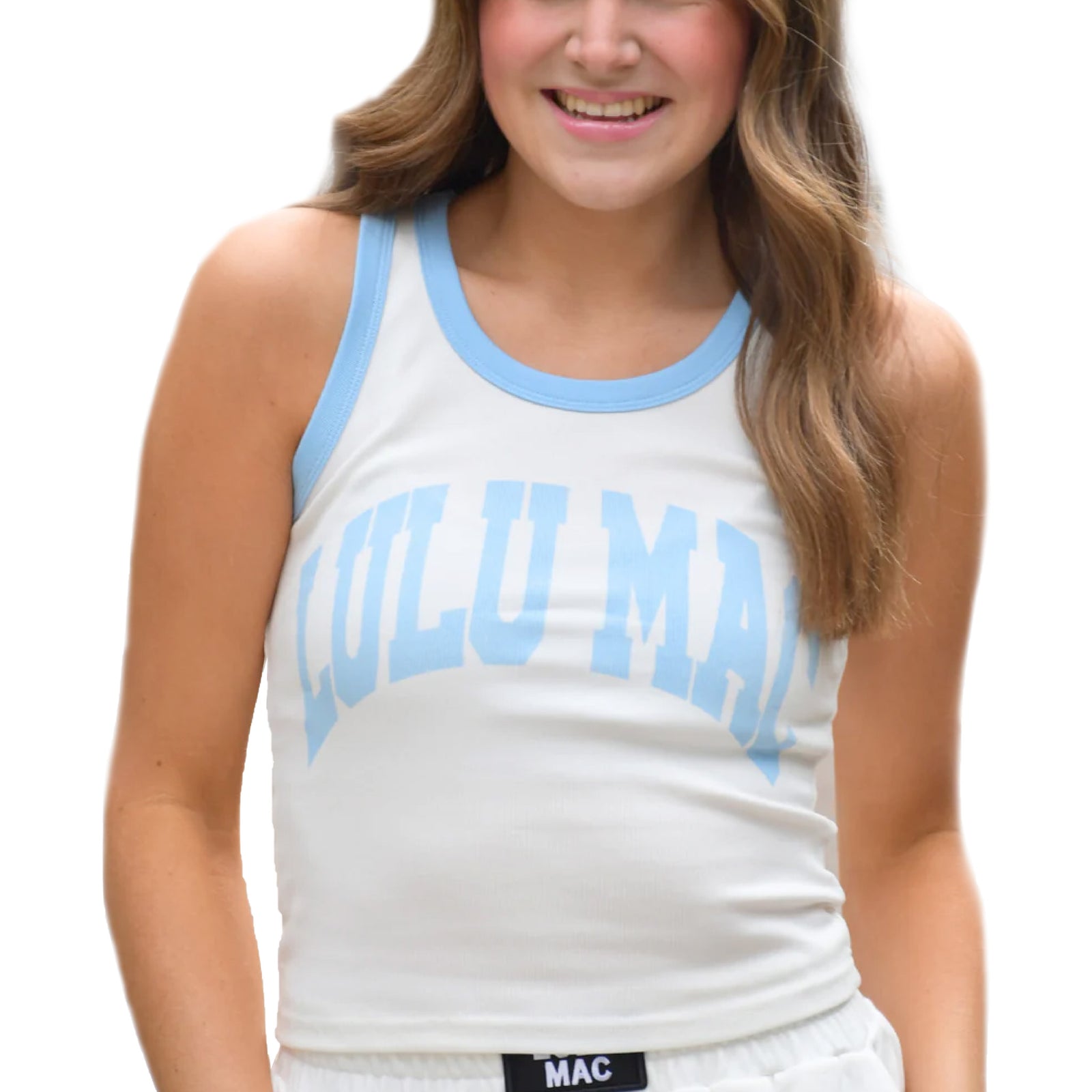 Model wearing white Lulu Mac ribbed tank top with light blue trim and large light blue “LULU MAC” graphic across the chest.