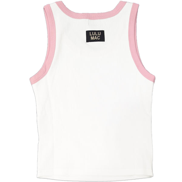 Back view of Lulu Mac white tank top with black brand label.