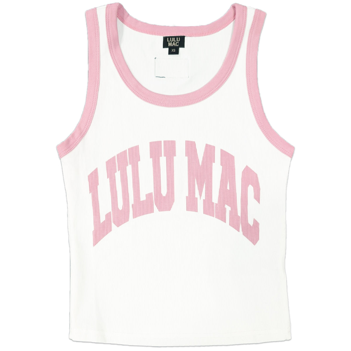 Front view of Lulu Mac white tank top with pink lettering and accents.