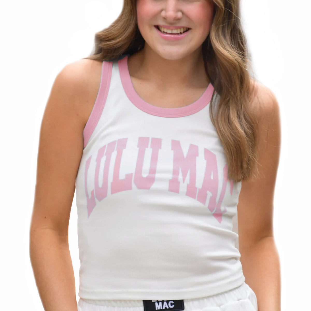 Model wearing Luu Mac white tank top.