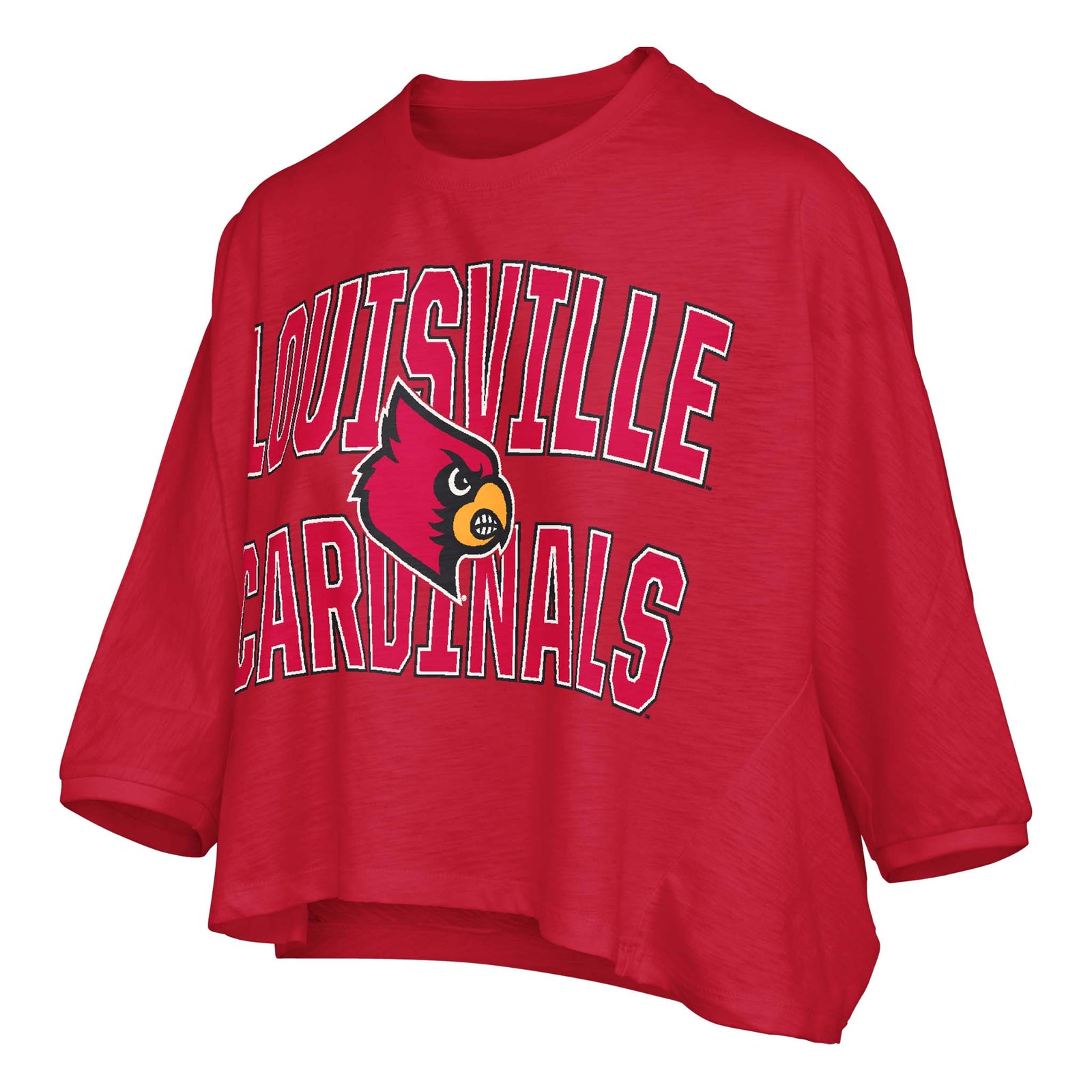 Bright red cropped t-shirt with "Louisville Cardinals" arched text and large cardinal mascot logo in the center.