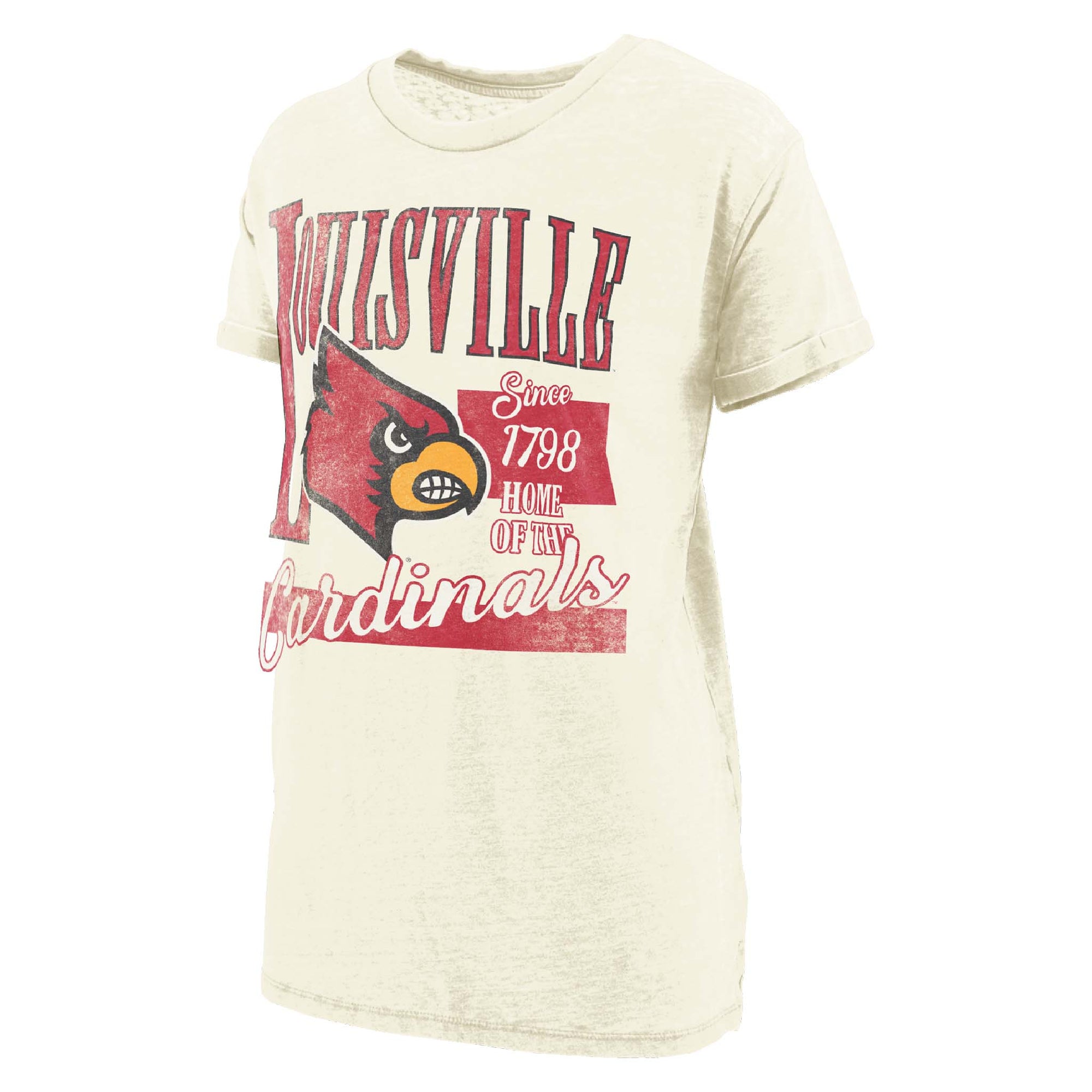 Ivory short sleeve tee with vintage "Louisville Cardinals" text and mascot graphic in red and black with "Since 1798" lettering.