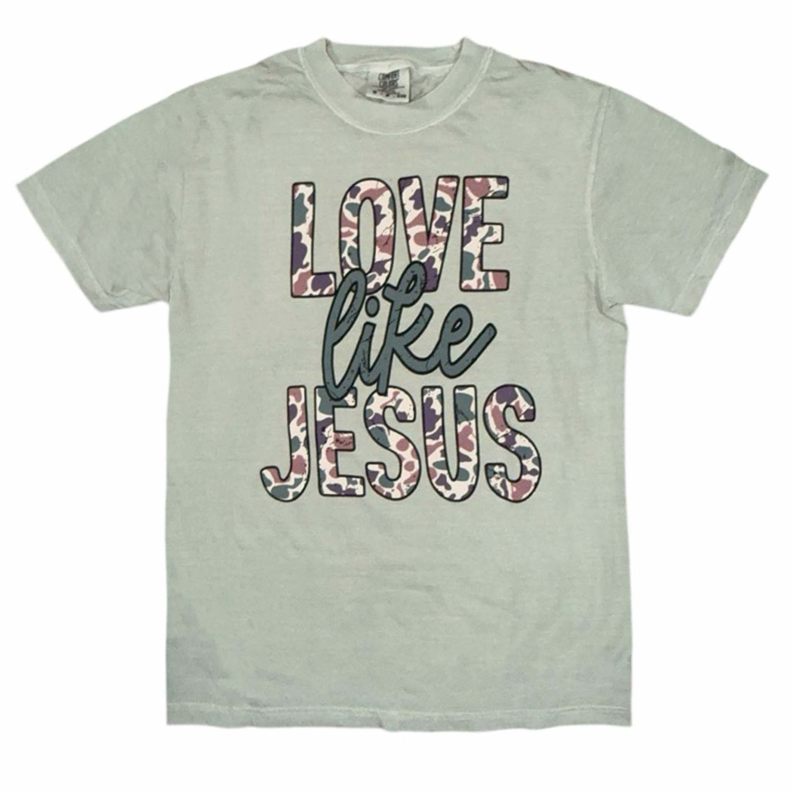 Light green t-shirt with 'Love like Jesus' text in camoflauge letters on a white background