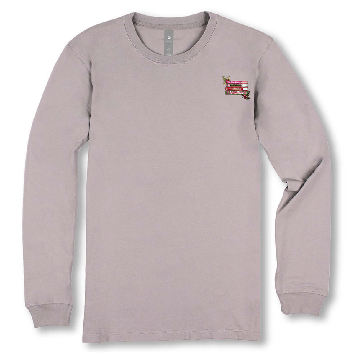 Driftwood grey long sleeve shirt with the phrase 'One more chapter please' and a stack of Christmas themed books.