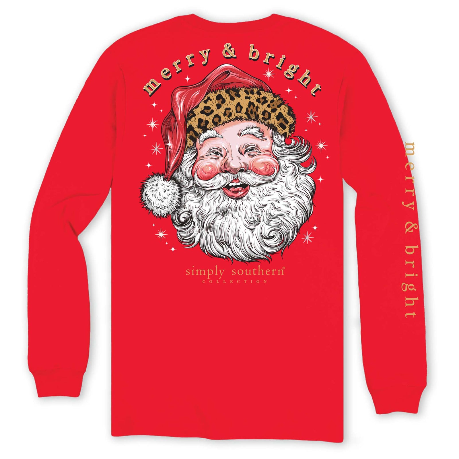 Back view of red Simply Southern long sleeve tee featuring large Santa face with leopard print hat and “Merry & Bright” text.