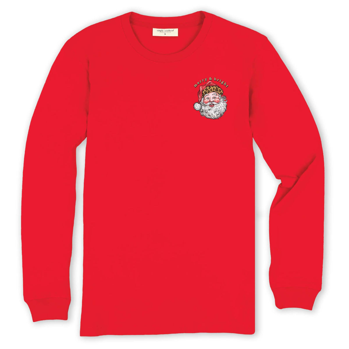 Front view of red Simply Southern Merry & Bright Santa long sleeve tee with small Santa face graphic on chest.
