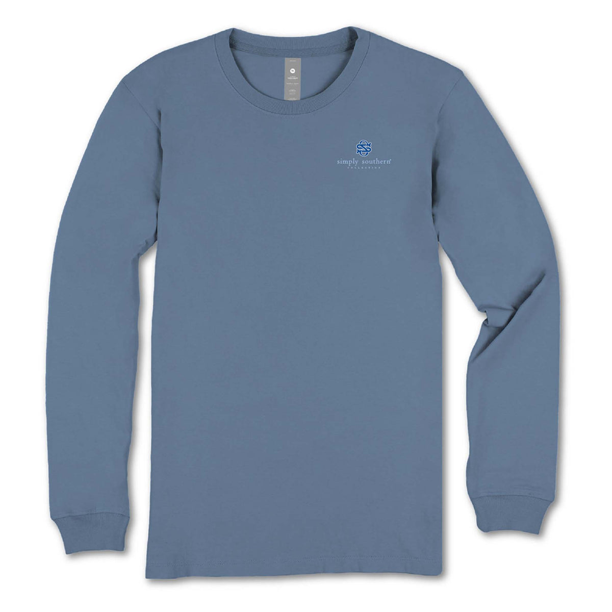 Front view of Simply Southern long sleeve shirt in slate blue with small Simply Southern Collection logo on the left chest.