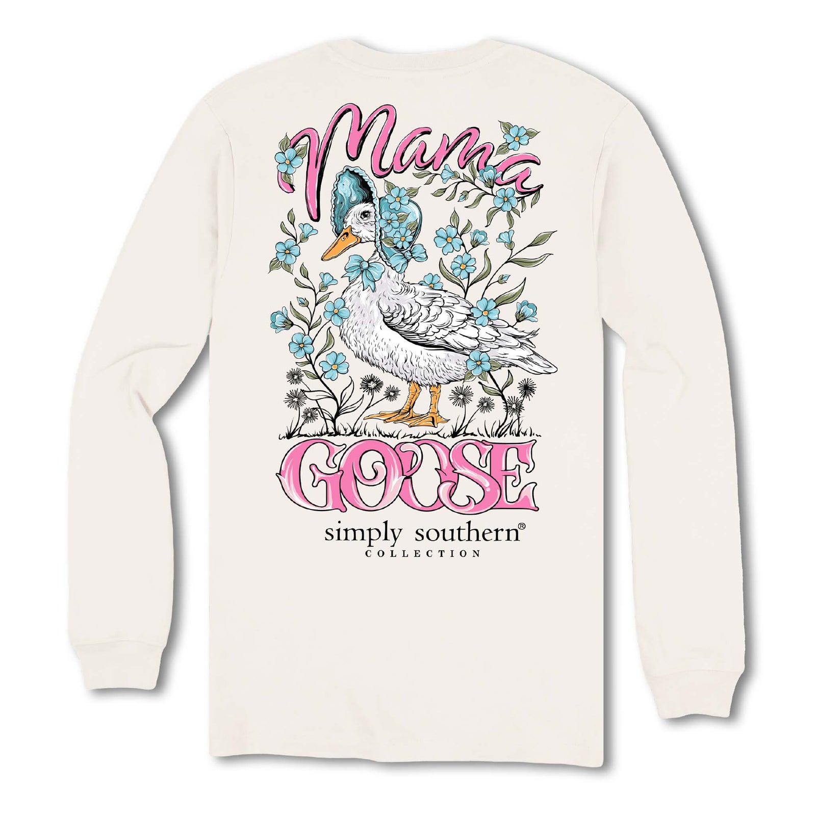 White long-sleeve shirt with 'Mama Goose' design and 'Simply Southern' text on a white background