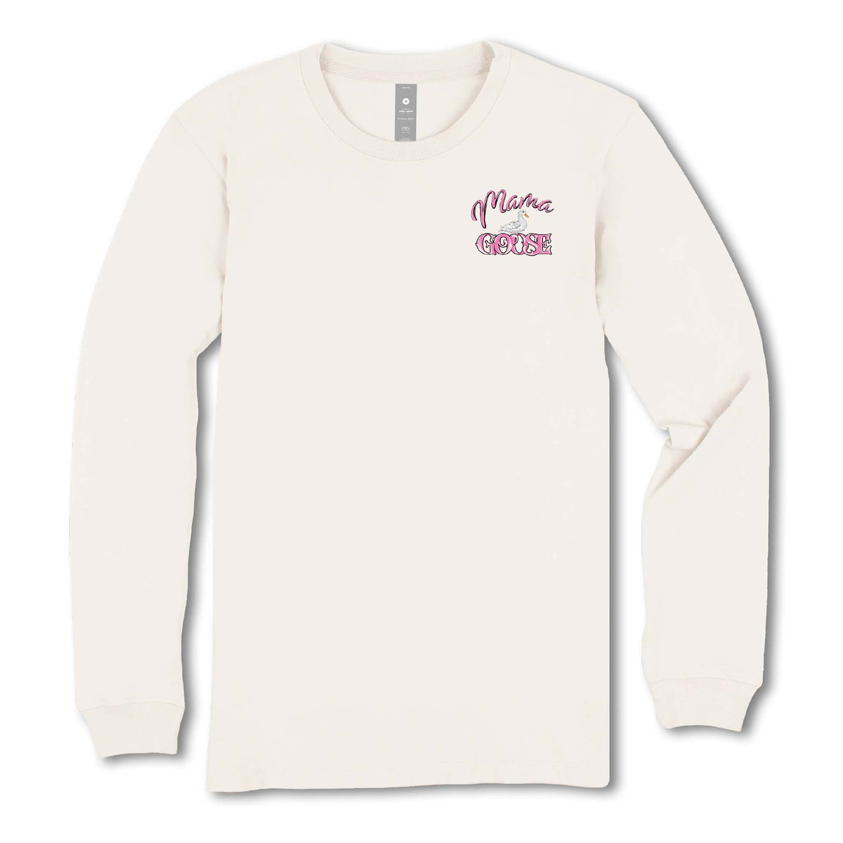 White long-sleeve shirt with 'Mama Goose' logo on a white background