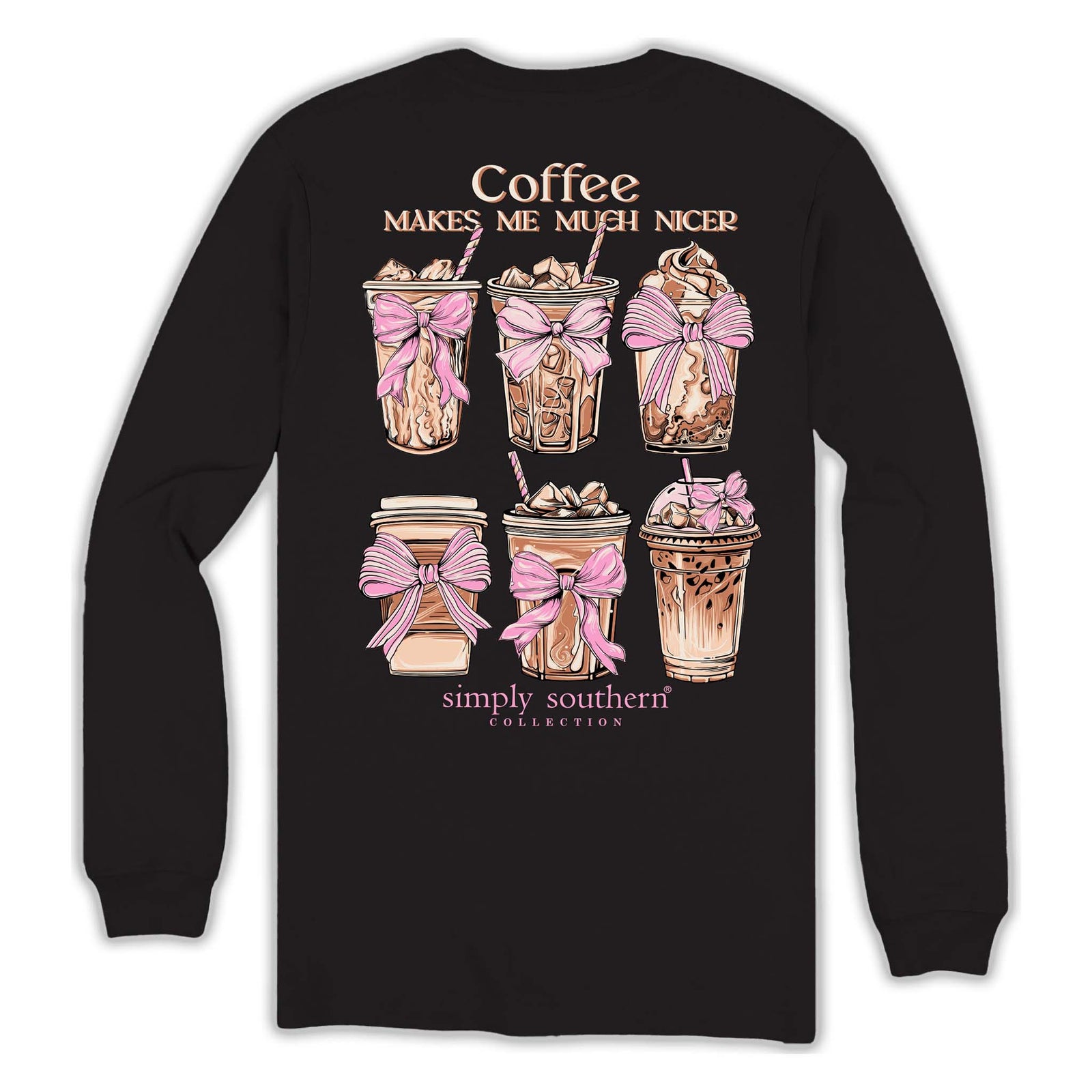 Black long-sleeve shirt with coffee-themed design and 'Simply Southern' text on a white background