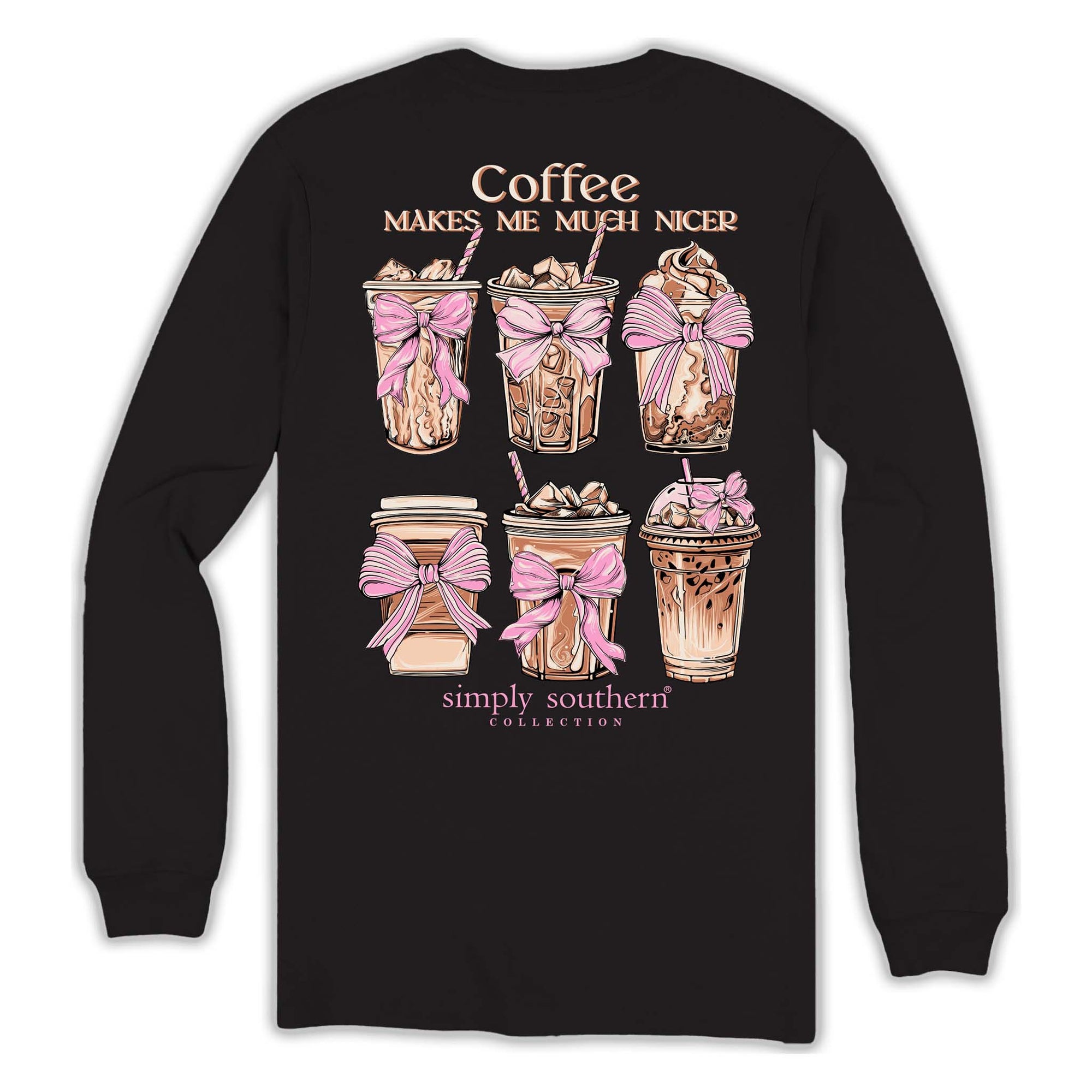 Black long-sleeve shirt with coffee-themed design and 'Simply Southern' text on a white background