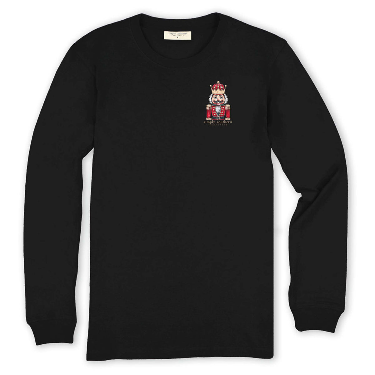 Black long sleeve shirt with the phrase 'Y'all are nuts' and a trio of nutcrackers. Simply Southern logo below, on left chest, and along right sleeve.