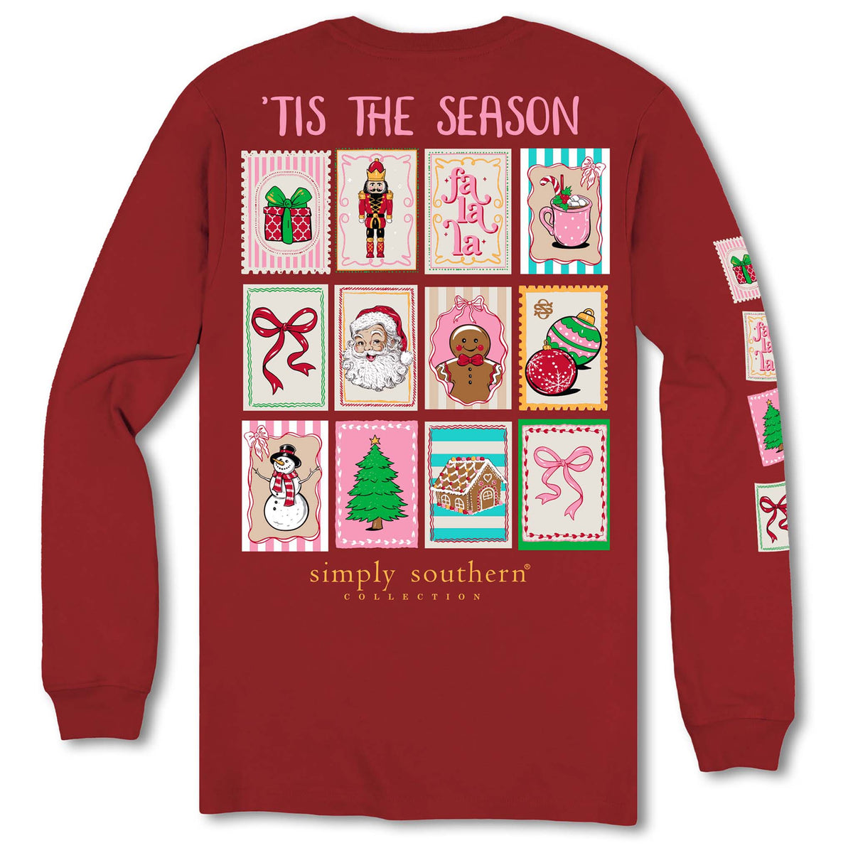Back view of Simply Southern ’Tis The Season Stamps Long Sleeve Tee in carmine red with holiday stamp grid design.