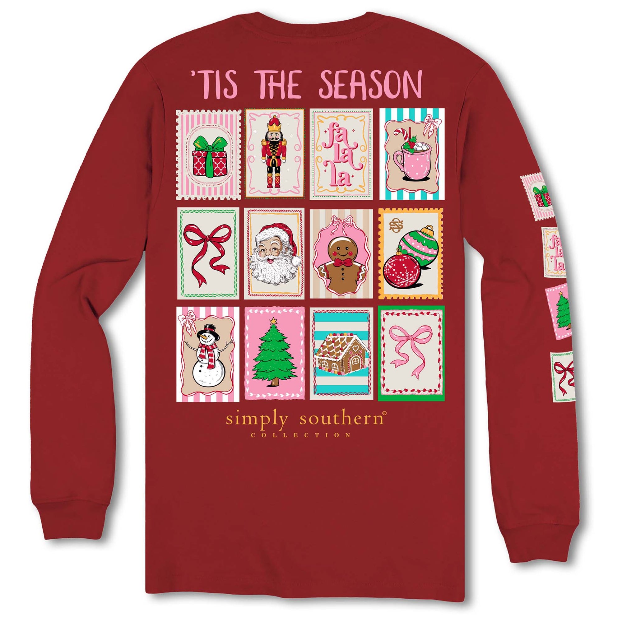 Back view of Simply Southern ’Tis The Season Stamps Long Sleeve Tee in carmine red with holiday stamp grid design.