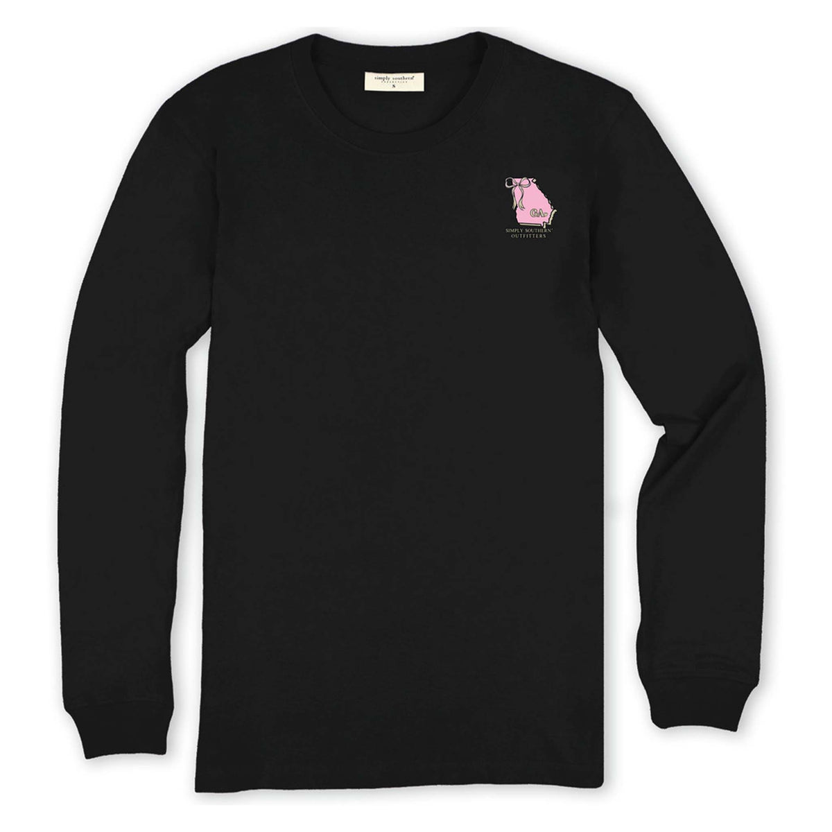 Front view of Simply Southern Georgia long sleeve shirt in black with a small pink Georgia state logo on the left chest.