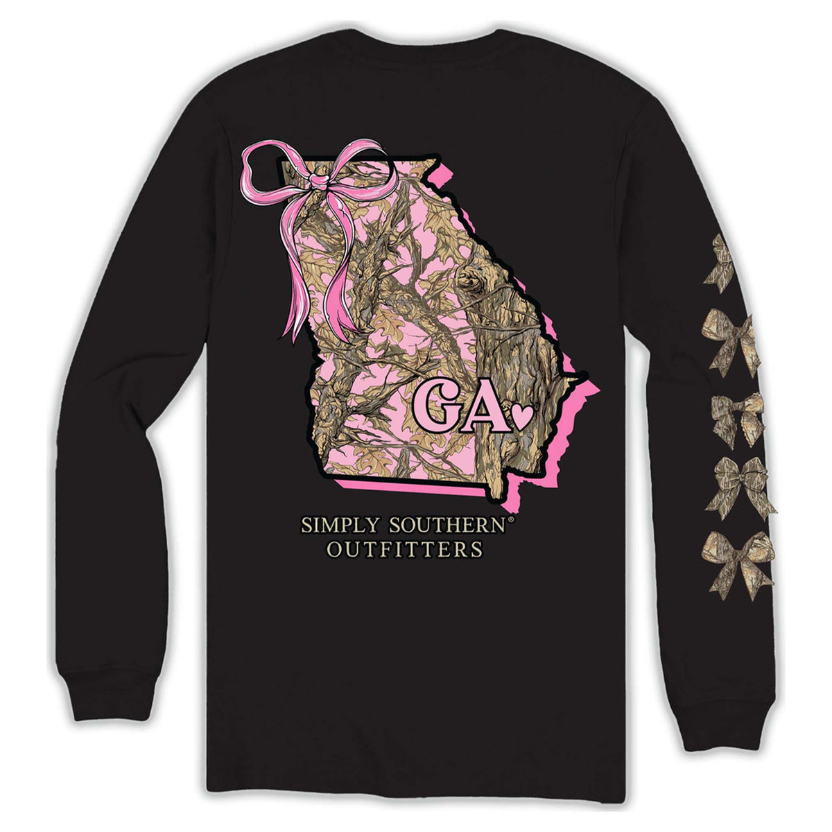 Back view of Simply Southern Georgia long sleeve shirt in black featuring a camo and pink Georgia state outline with a bow, heart, and “GA” text.