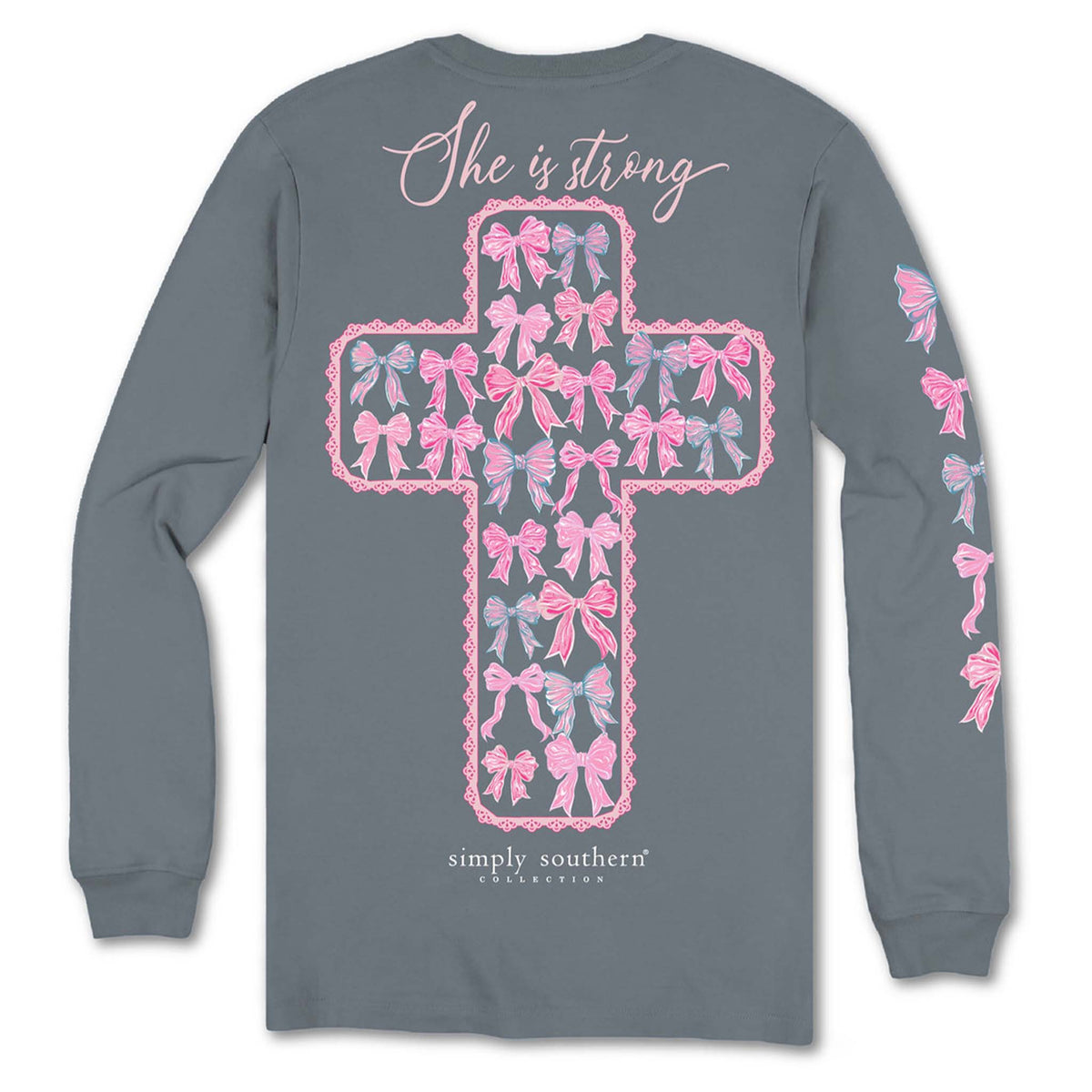 simply southern She Is Strong Long Sleeve T-Shirt in mirage grey