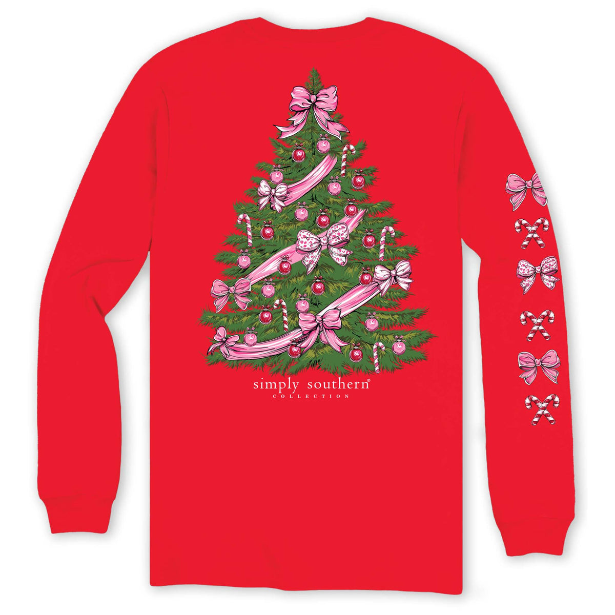 Red long-sleeve shirt with a Christmas tree design featuring pink ribbons and ornaments, and 'Simply Southern' text.