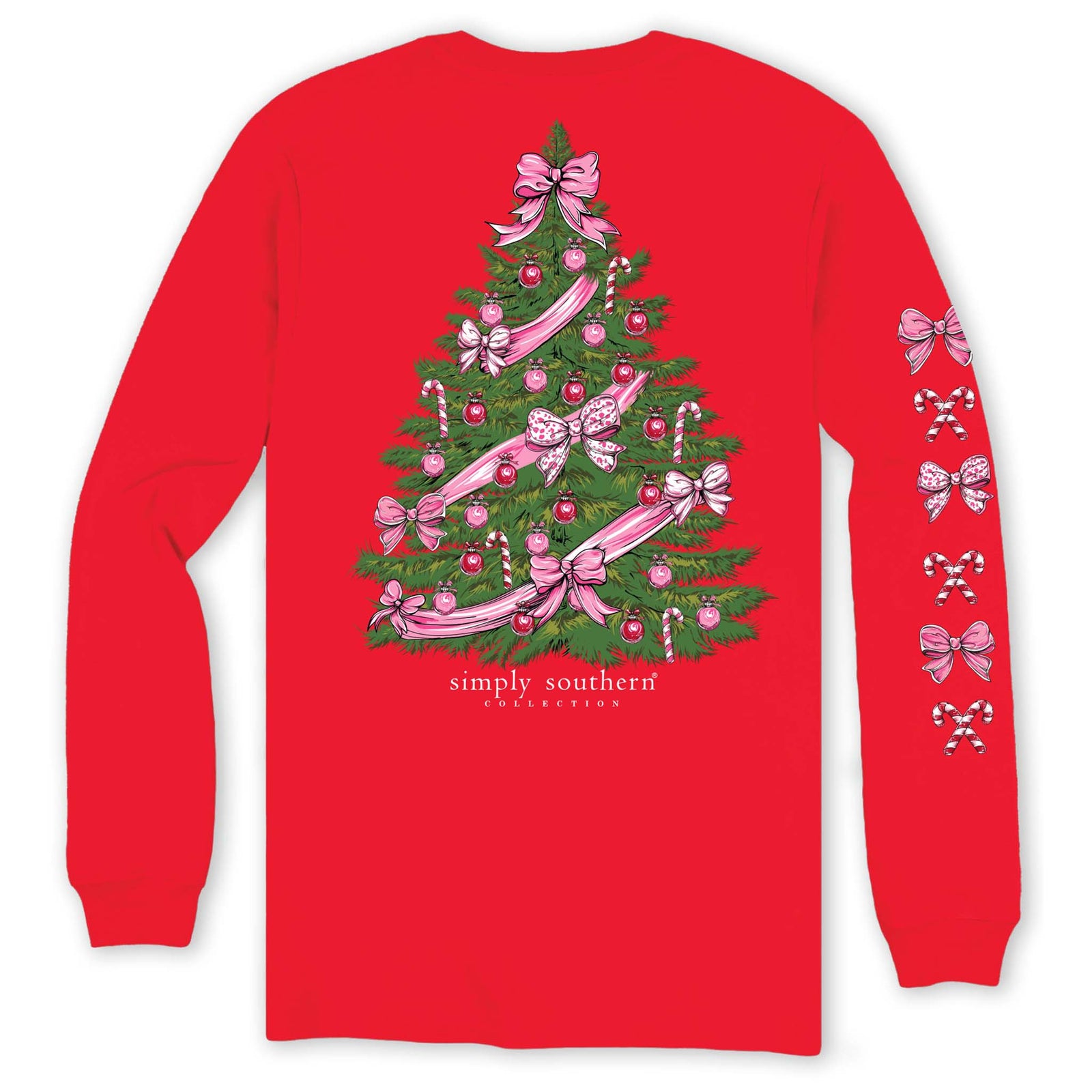 Red long-sleeve shirt with a Christmas tree design featuring pink ribbons and ornaments, and 'Simply Southern' text.