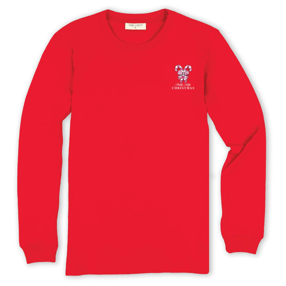 Red long-sleeve shirt with a small white logo on a white background