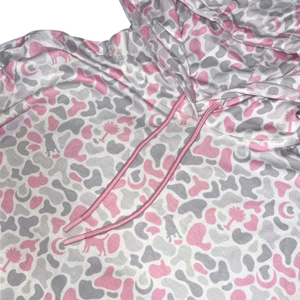 Close-up of light pink and gray camo hoodie t-shirt showing drawstring hood and custom South Carolina-themed camo print.
