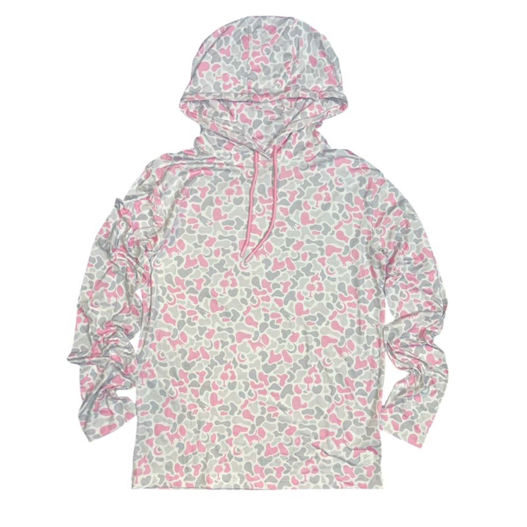 Light pink and gray camo hoodie t-shirt by Combat Waterfowl laid flat with visible long sleeves and drawstring hood.