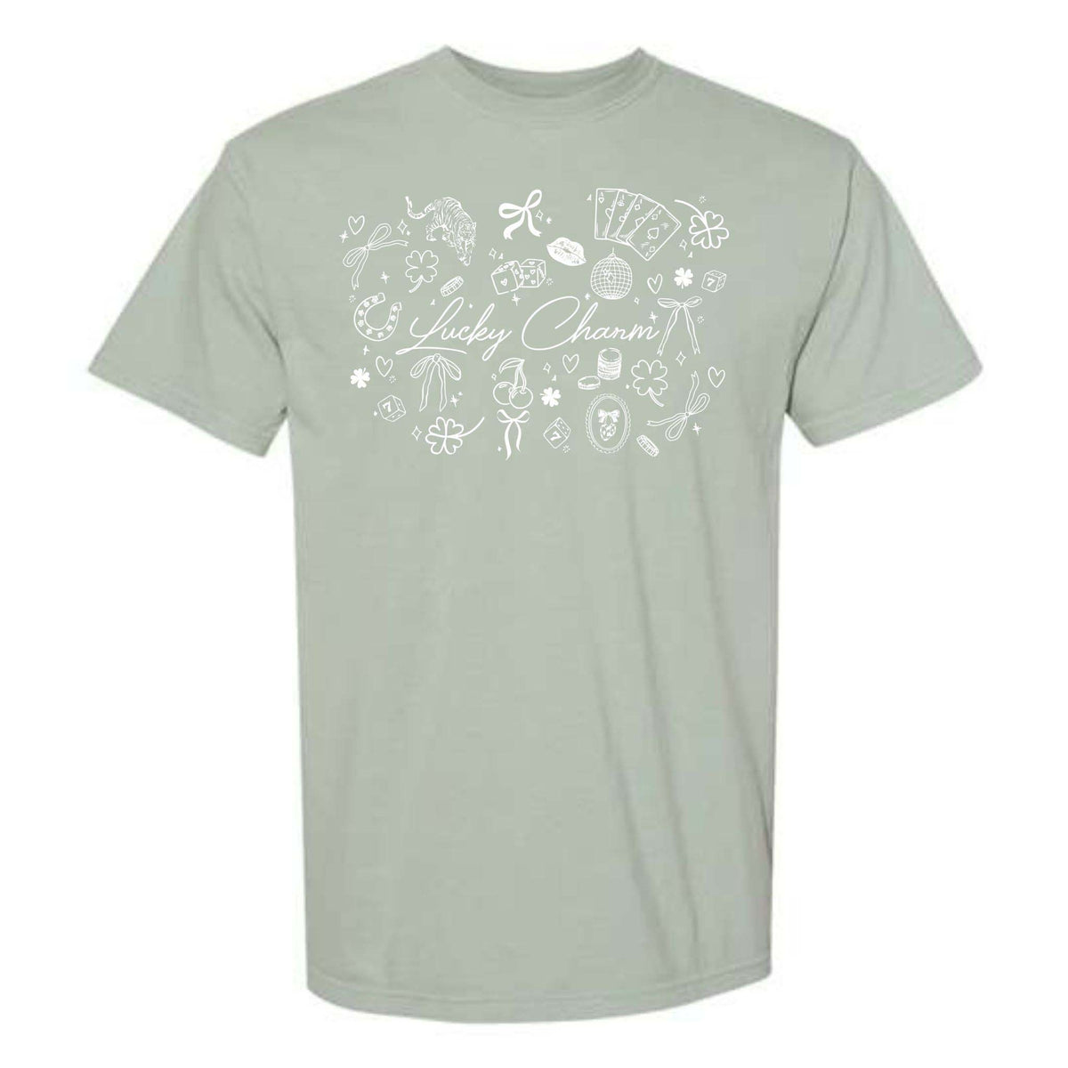 Dash Forward Lucky Charm Collage Short Sleeve T-Shirt in sage green