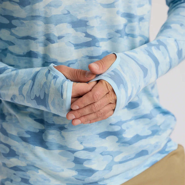 Close-up of thumbhole cuffs on the sleeves of the sea smoke blue camo performance hoodie.