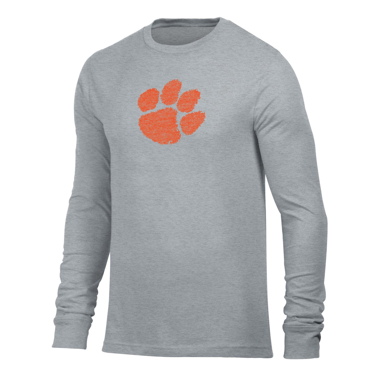 Men's heather gray long sleeve Clemson Tigers t-shirt with orange paw print logo on chest
