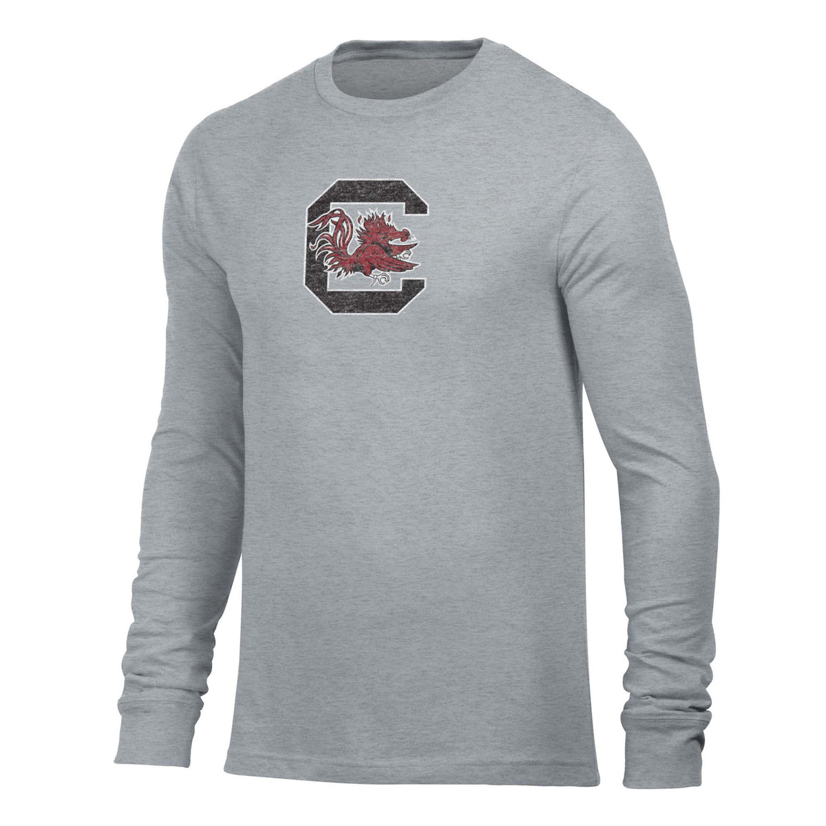 Men's heather gray long sleeve South Carolina Gamecocks t-shirt with black block "C" logo featuring red gamecock head design on chest