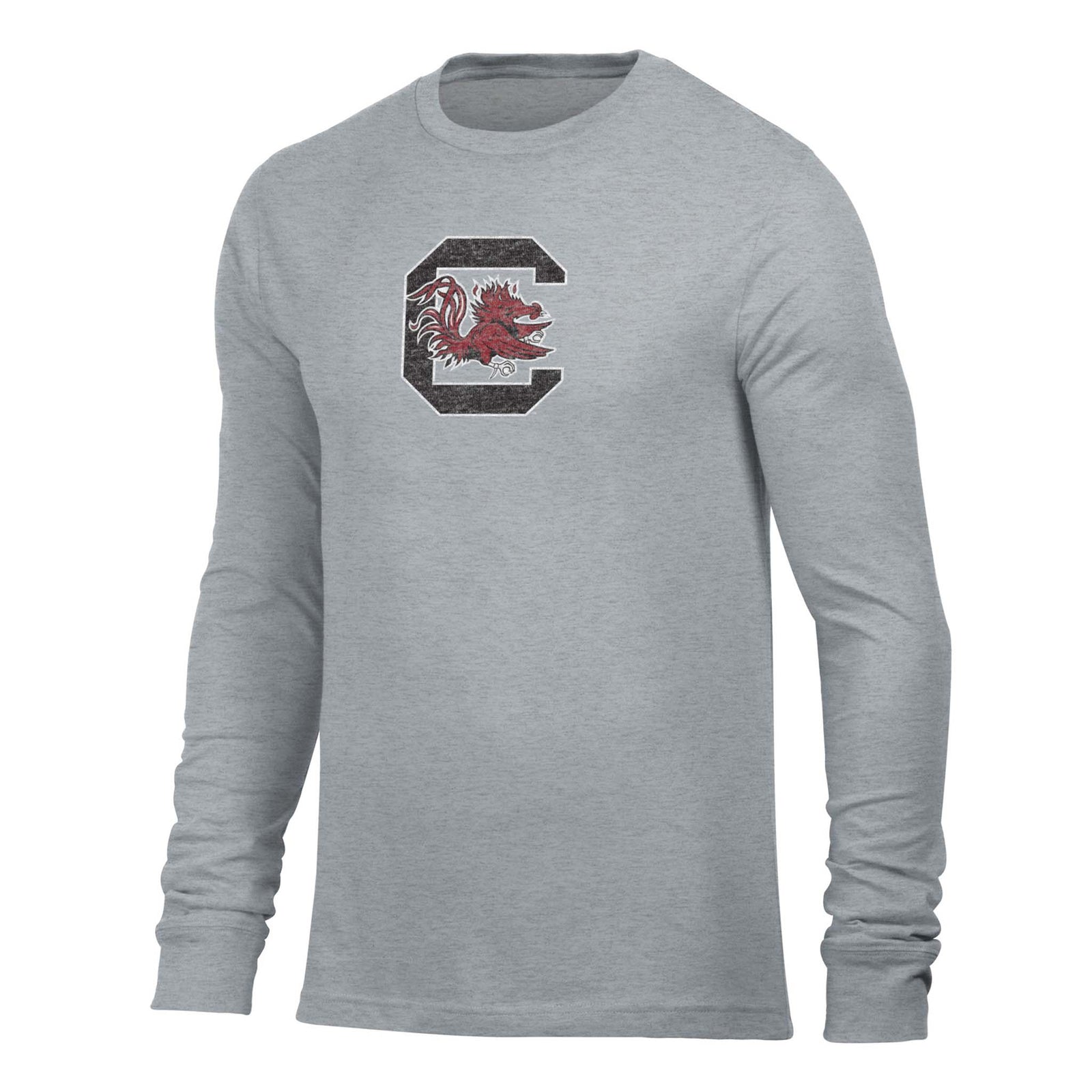 Men's heather gray long sleeve South Carolina Gamecocks t-shirt with black block "C" logo featuring red gamecock head design on chest