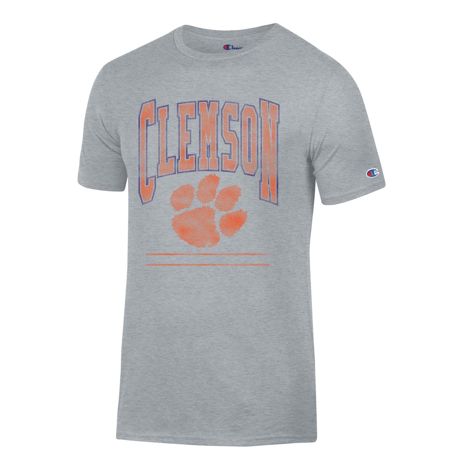 Men's heather gray Clemson Tigers t-shirt with orange "CLEMSON" text outlined in purple, orange paw print logo, and orange stripes on chest, featuring Champion logo on sleeve