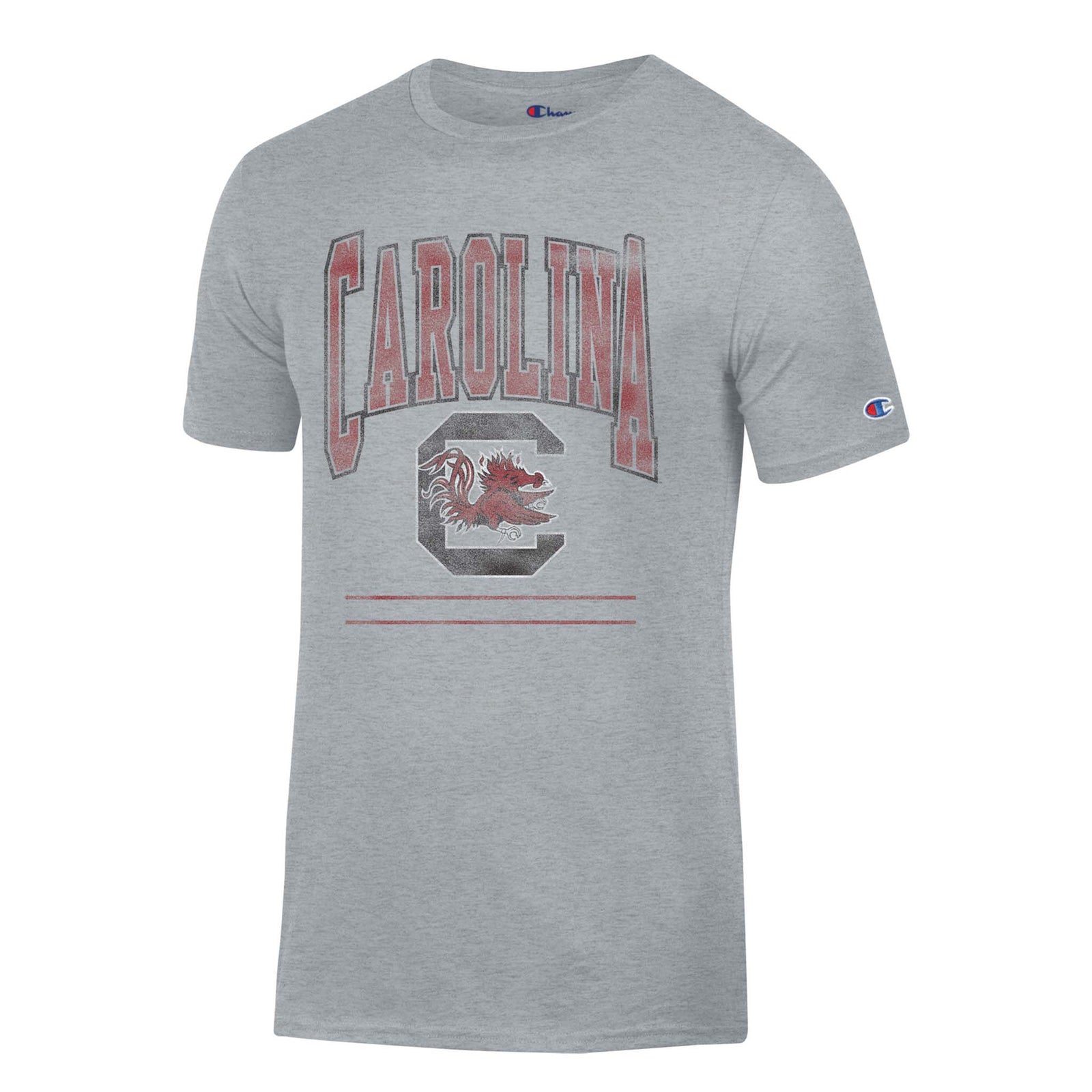 Men's heather gray South Carolina Gamecocks t-shirt with garnet "CAROLINA" text, block "C" logo with gamecock head, and garnet stripes on chest