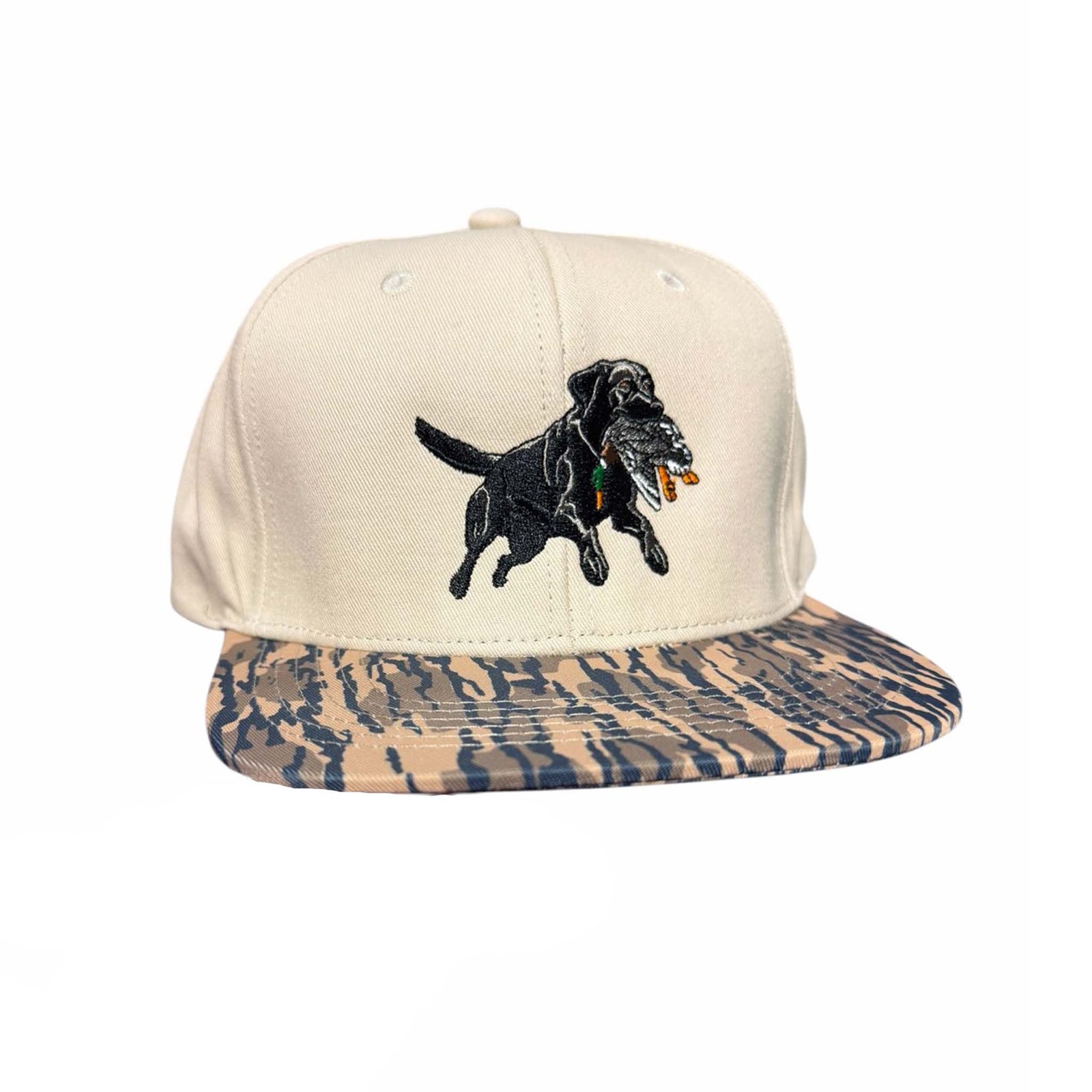 Beige cap with a Black lab embroidered on crown and camo print brim shown on a white background