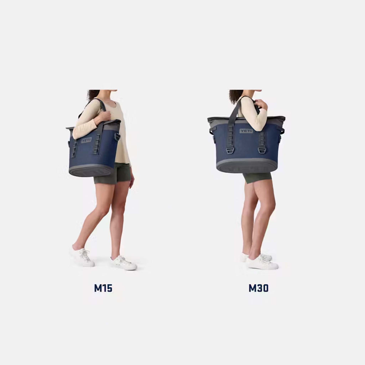 Side-by-side view of a model carrying the YETI Hopper M15 on the left and the larger M30 on the right, showing size difference when worn over the shoulder.