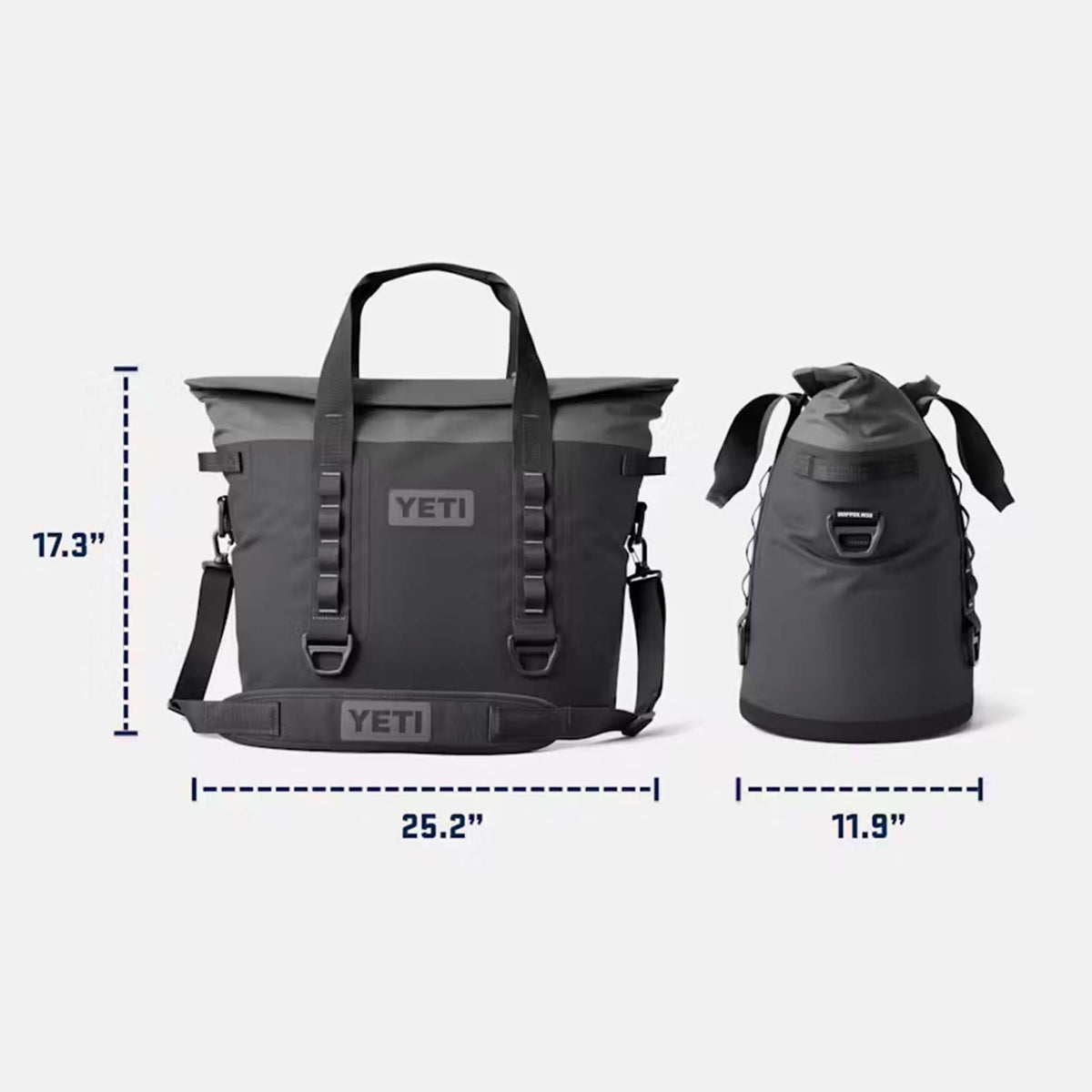 Front view of the YETI Hopper M30 and Hopper M15 with height and width dimensions labeled: M30 is 17.3" tall and 25.2" wide, M15 base is 11.9" wide.