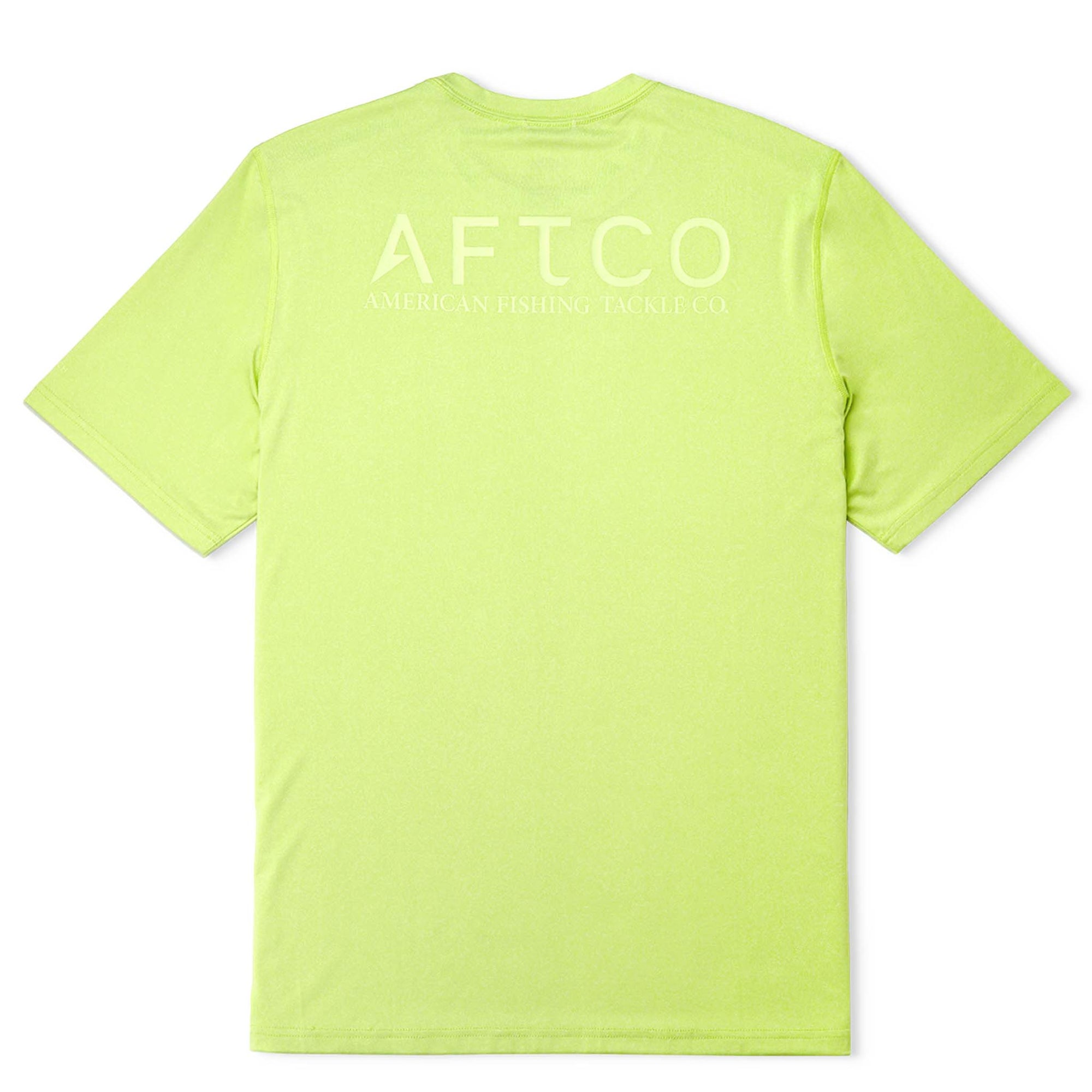 Aftco Samurai Performance Men's Short Sleeve T-Shirt, color anemone heather, sizes S-XXL, 92% polyester, 8% spandex, Antimicrobial treatment for odor control, UPF 50 sun protection.
The back design is aftco's logo in white.  Front design is Aftco's fish logo on left chest in white. Anemone Heather is a fluorescent lime green for optimal visibility.